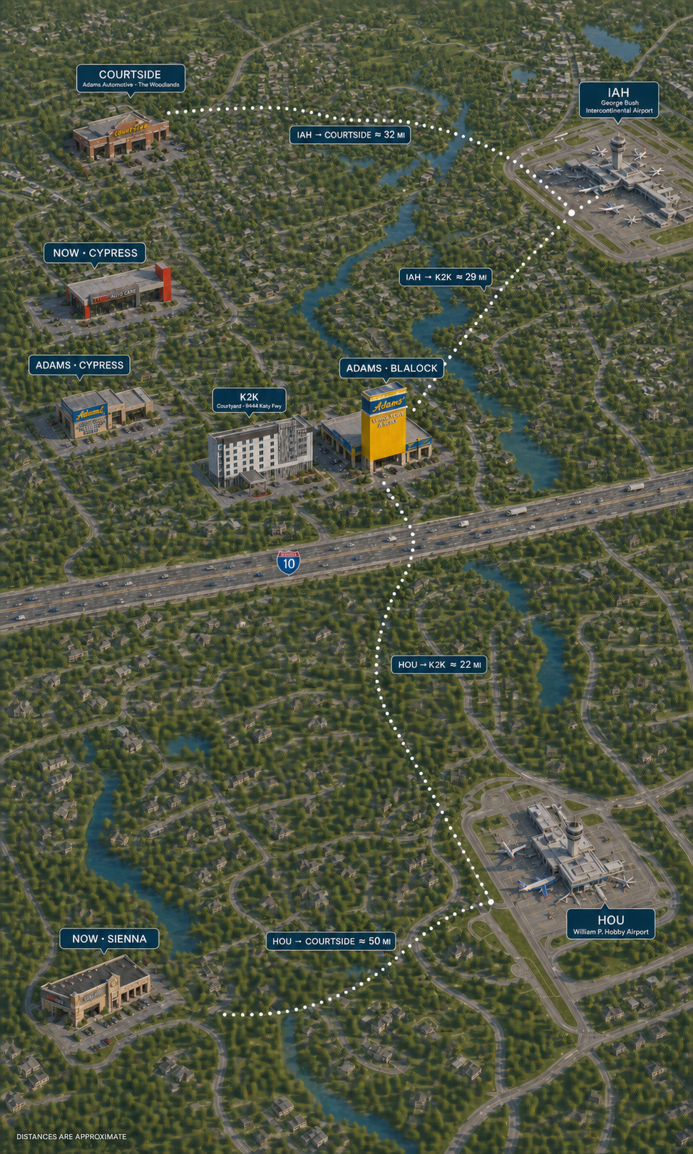 Portrait overhead Houston logistics map showing Courtside and Bush Intercontinental at the top, the five shop landmarks, Key2Key and Adams Blalock north of I-10, and NOW Sienna and Hobby Airport at the bottom